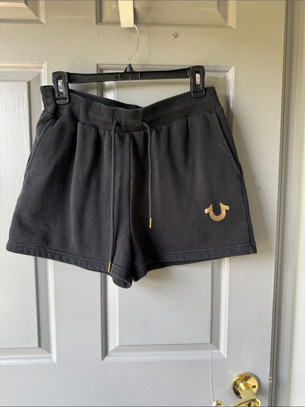 True Religion Black Athletic Drawstring Shorts with Gold Logo